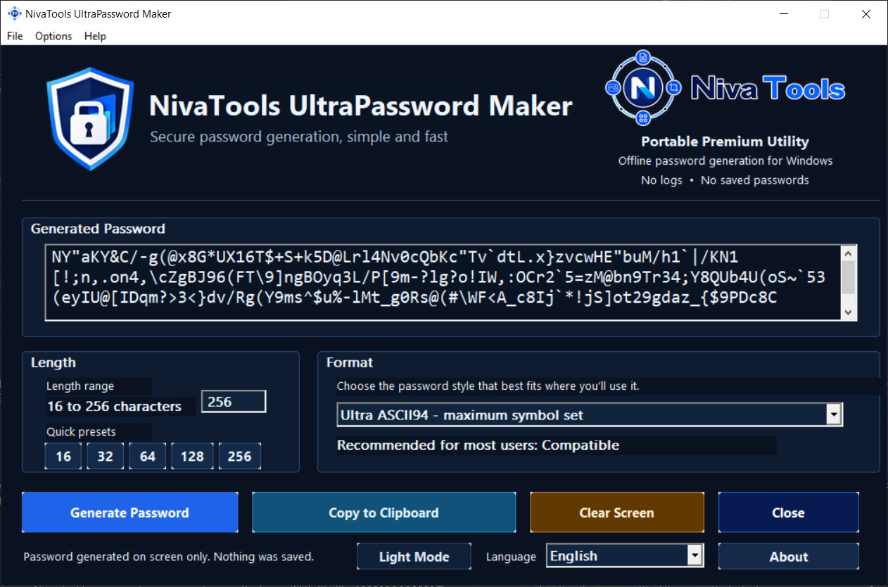 UltraPassword Maker dark mode interface showing offline password generation for Windows