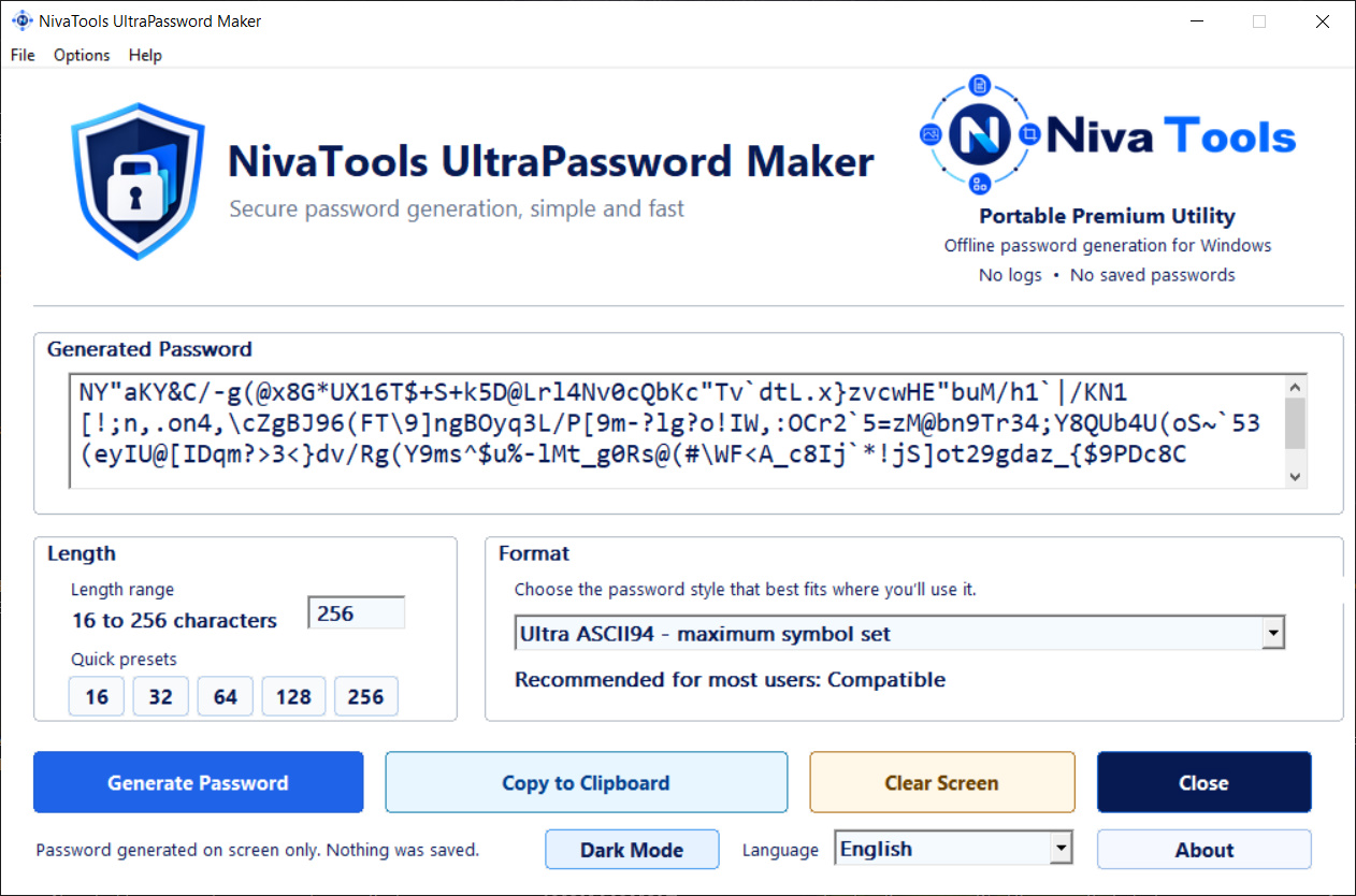 UltraPassword Maker light mode interface showing 256 character password generation and Ultra ASCII94 format